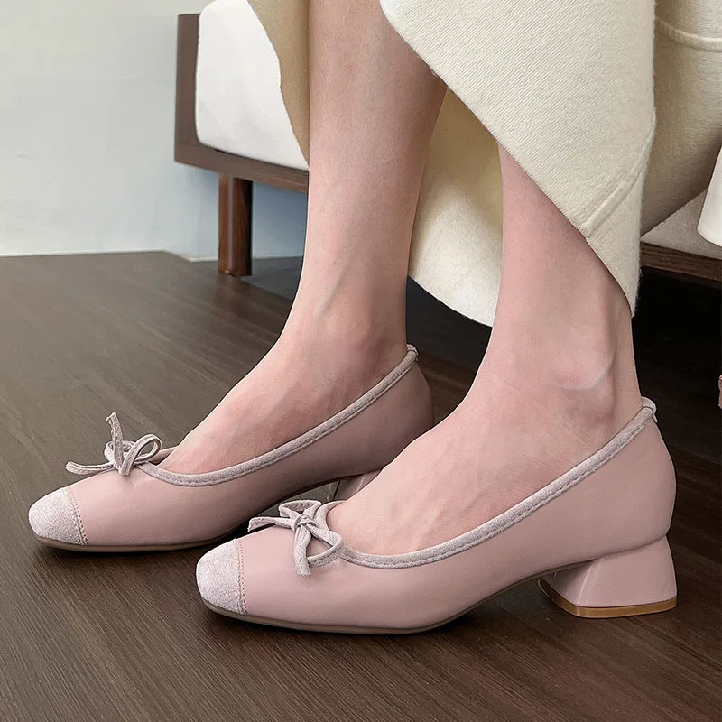 French Square Toe Bow Flats Shoes 2024 New Autumn Shallow Fairy All-match Gentle Office Dress Low Heels Pumps Female Ballerina