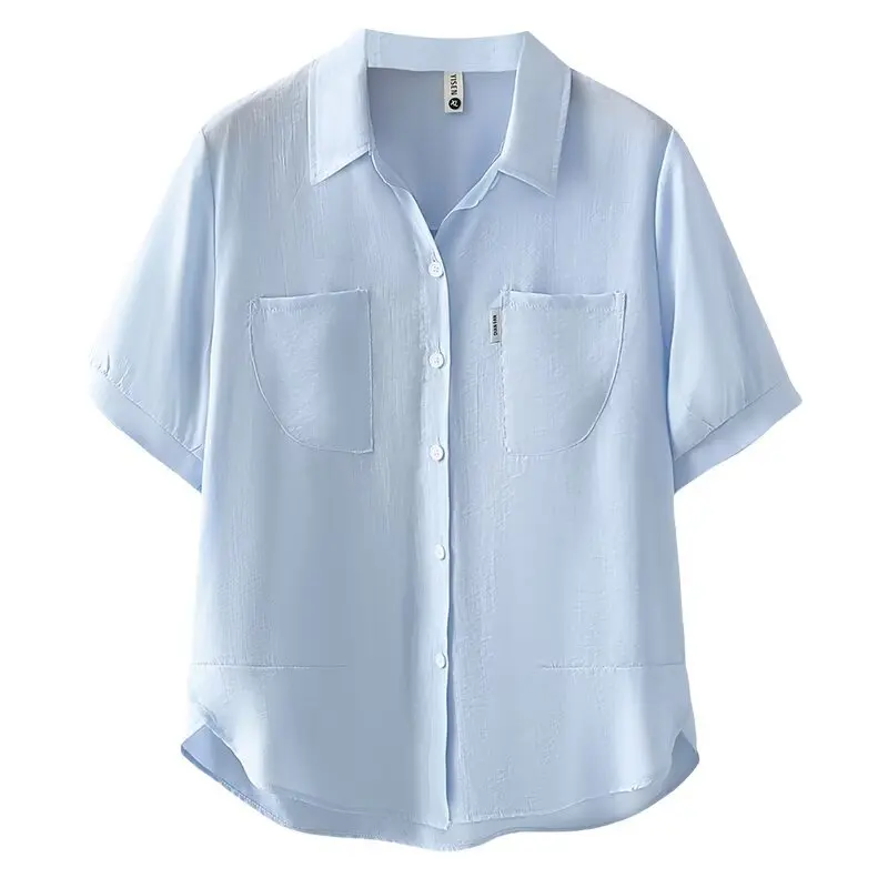 

Новая летняя женская одежда больших размеров, простая тонкая и крутая шелковая рубашка с короткими рукавами, 100 кг, элегантные блузки 2529