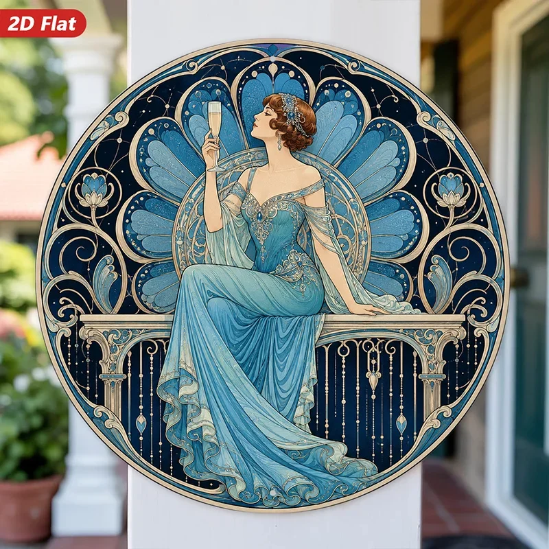 CIFBUY Art Nouveau Lady Portrait Aluminum Wall Art Waterproof Wear Resistant Round for Living Room Bedroom Office Hallway Home D