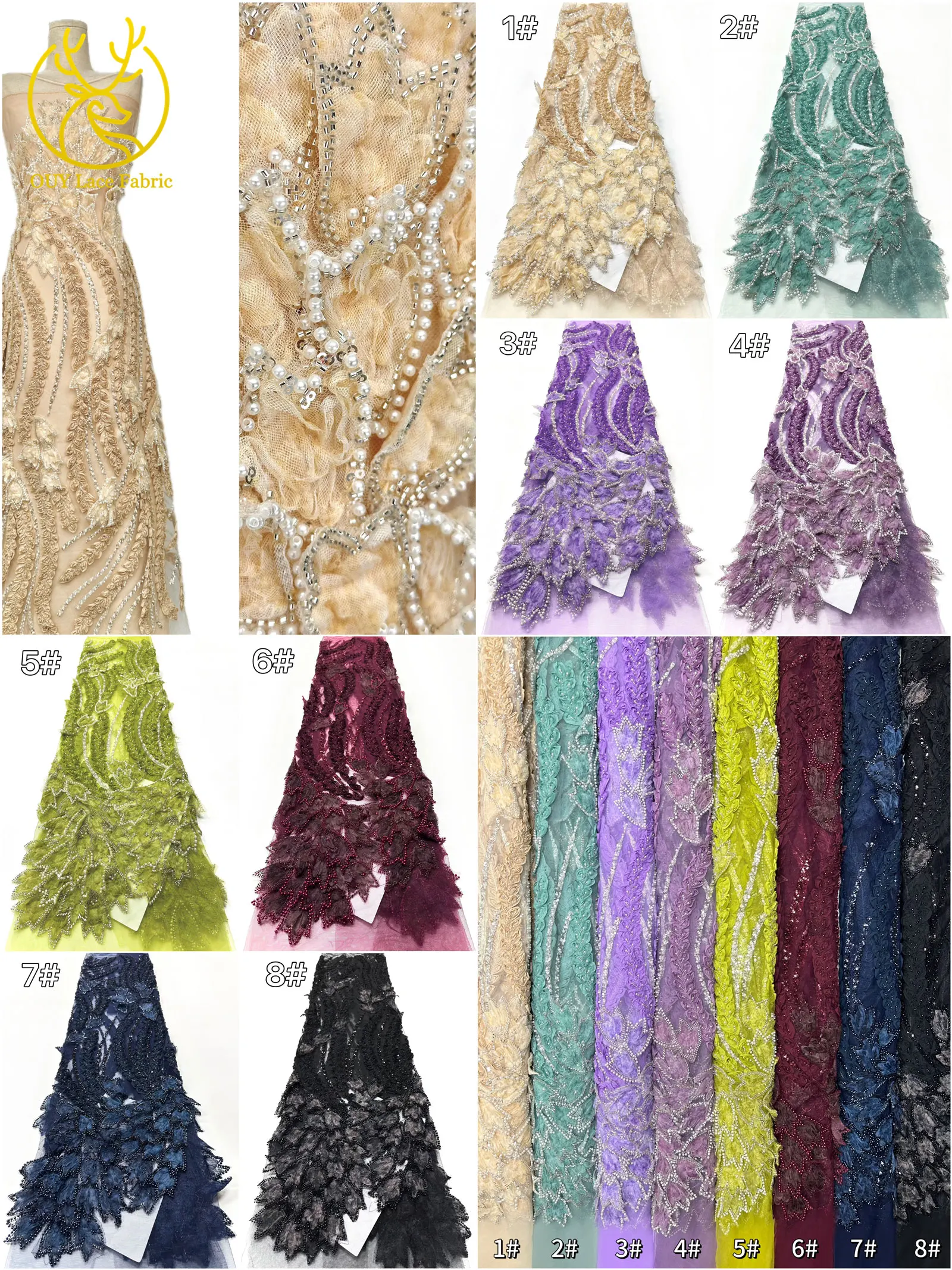 Französischer Luxus 3D-bestickter Perlen-Spitzenstoff, 5 Yards, eleganter afrikanischer nigerianischer Pailletten-Spitzenstoff für Damen, Hochzeits- und Partykleid – Detail 3