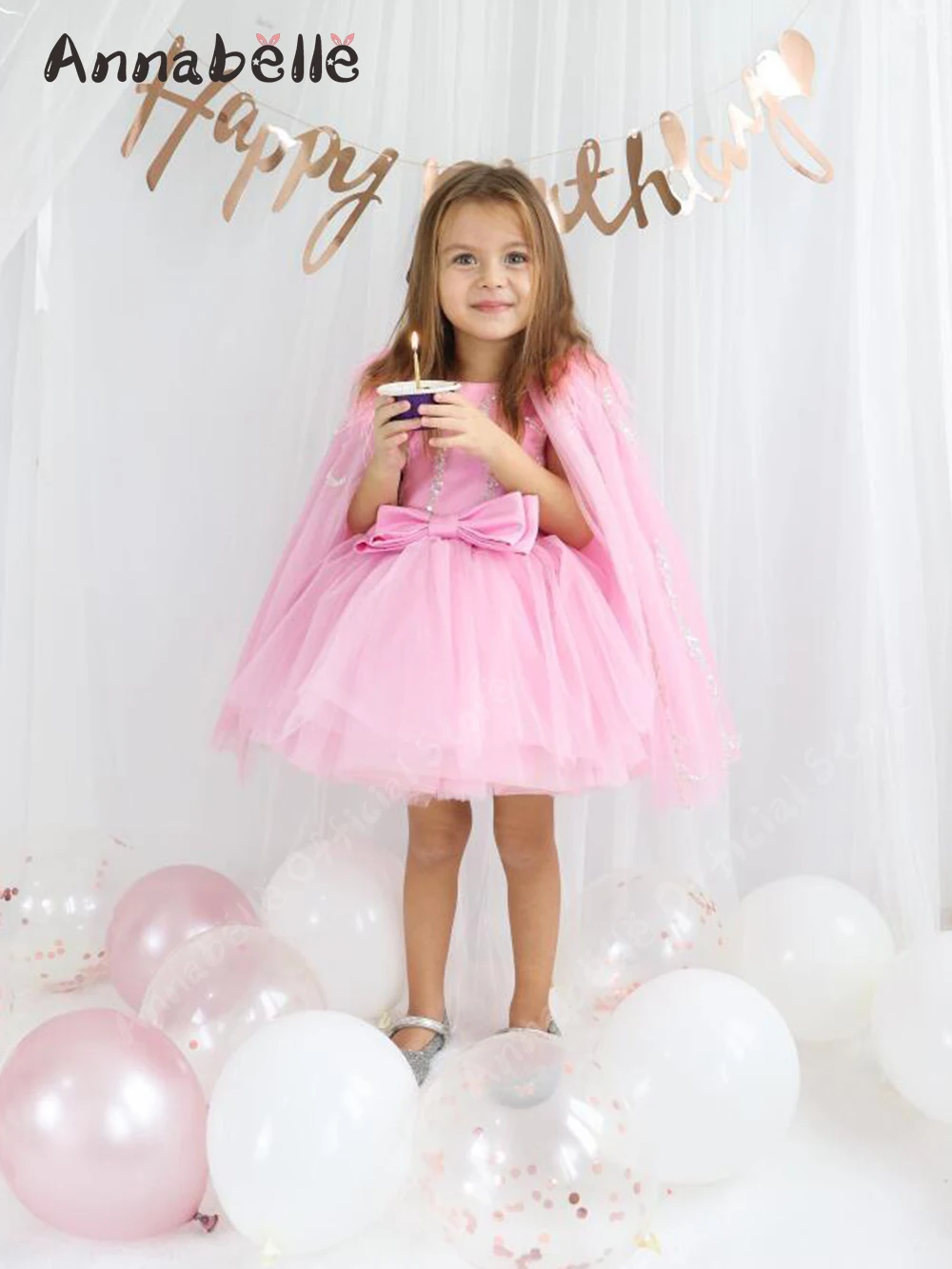 Annabelle Kids Girls Wedding Dress Cute Feather scialle Sleeves For Birthday Luxury Girl Party Dress