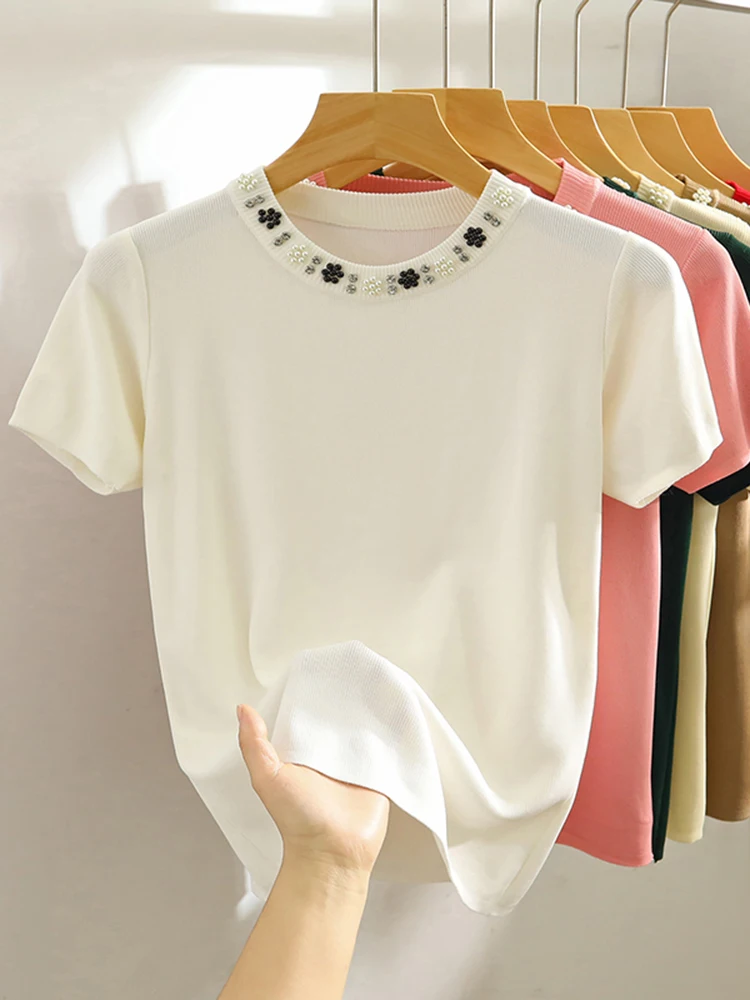 Korea Knitted T-shirt Women Top Solid Y2K Summer New Fashion Female Sleeveless Beading Casual Thin Tops White Black