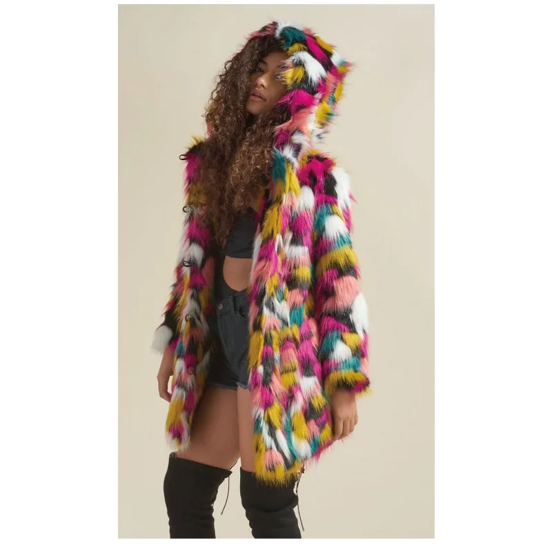 Female Autumn Winter Tops Coat Faux Fur Contrast Color Hooded Retro Simple Loose Comfortable Leisure Design Fashion Senior Soft