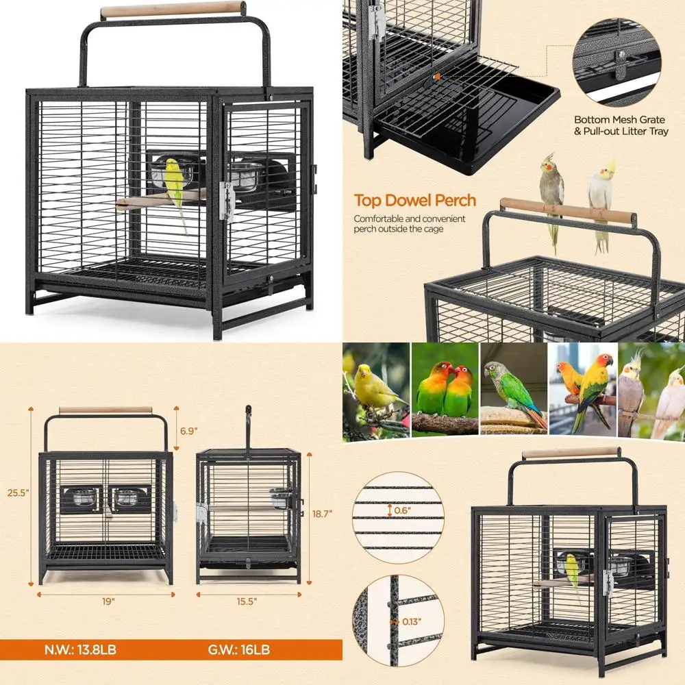 

Маленькая дорожная клетка для попугая с деревянным окунем и защитой семян, переноска из кованого железа 25,5 для канарей и аналогичных птиц размером