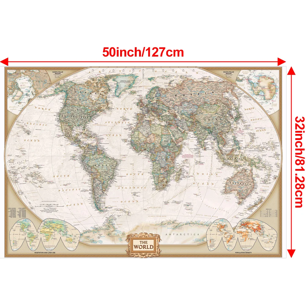 빈티지 포스터 대형 세계지도 50x32in 벽 장식 교육 인쇄 벽 교수형 예술 폴리 에스터 배경 천으로 학교 용품