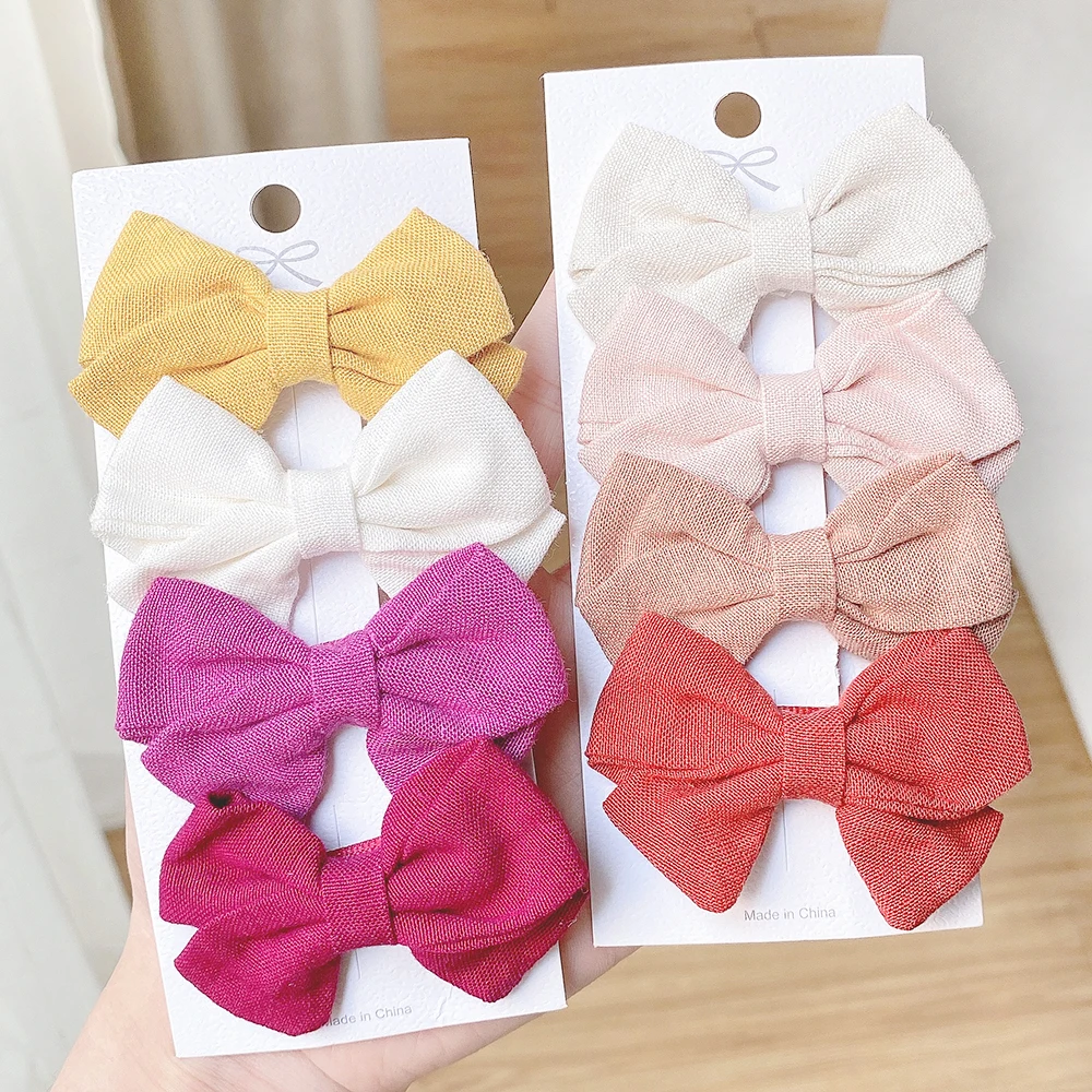 Sólido Linho Bowknot Clipes de Cabelo para Meninas, Handmade Hairpins, presilhas, Headwear, Acessórios para Crianças, Presente, 2.4 ", 4Pcs por Conjunto