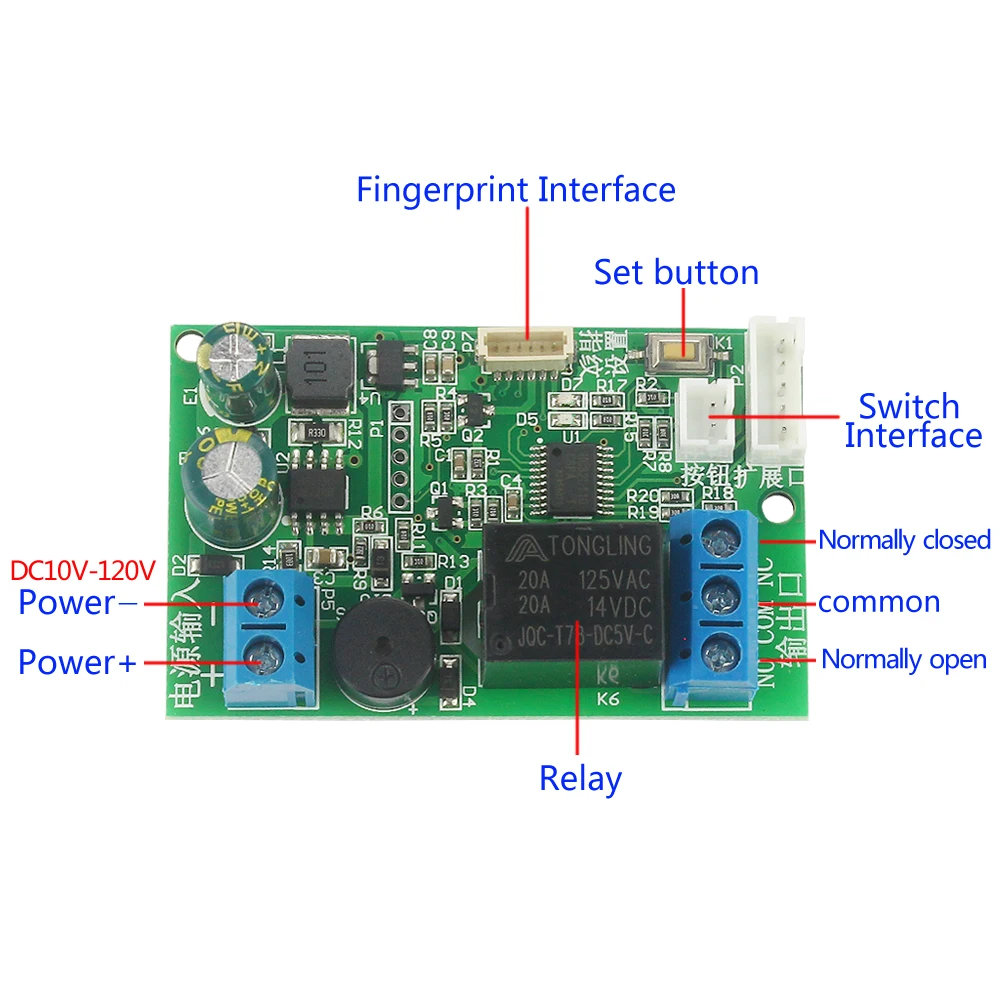 Módulo de control de relé de huellas dactilares, controlador de cerradura de puerta de DC10V-120V, control de acceso, placa de control de cerradura