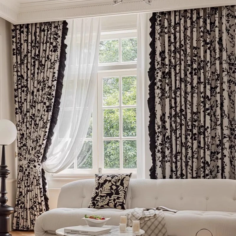 New French Chenille Jacquard Curtains for Living Room Audrey Hepburn Vintage Black Border Luxury Light Filtering Designer Drapes