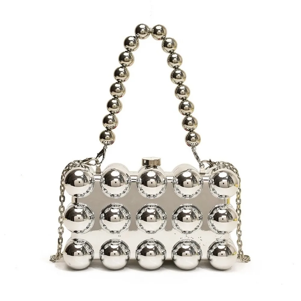 

Acrylic Acrylic Box Clutch Purse Metallic Ball Bead Snap Closure Detachable Chain Crossbody Bag Glossy Finish Hard Case