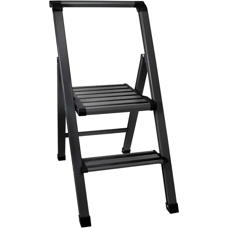 

2 Step Ladder Folding, Decorative - Modern Beautiful Grey Aluminum, Ultra Slim Profile, Anti Slip Steps, Sturdy-Portable