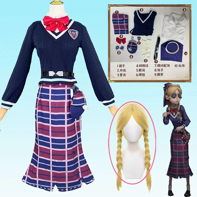 

Girl Toy Merchant Cosplay Anime Game Identity V Anne Lester Cosplay Costume Grid Uniforms Wig Halloween Party Outfit for Woman