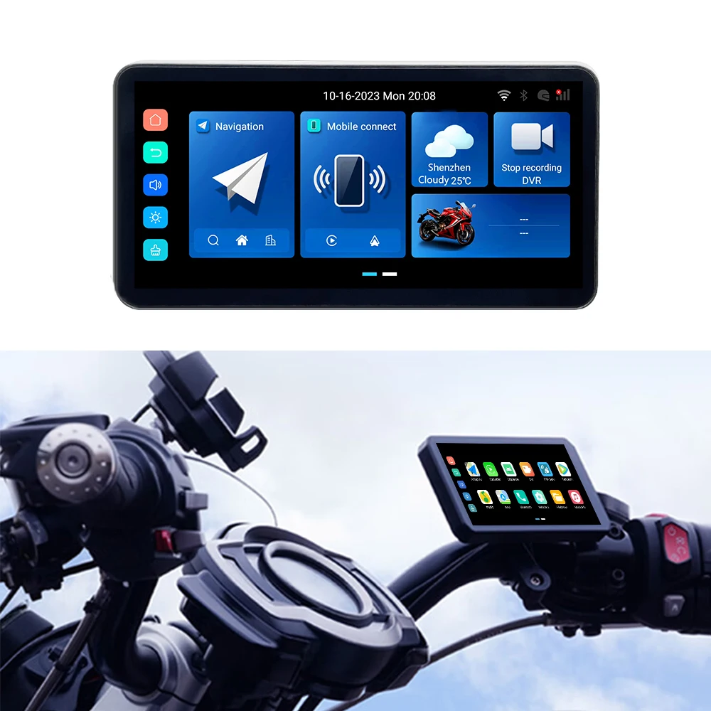 6.3inch Motorcycle Waterproof Navigation Android 12 Support Carplay Display Screen Auto Wireless TPMS With Dual Camera