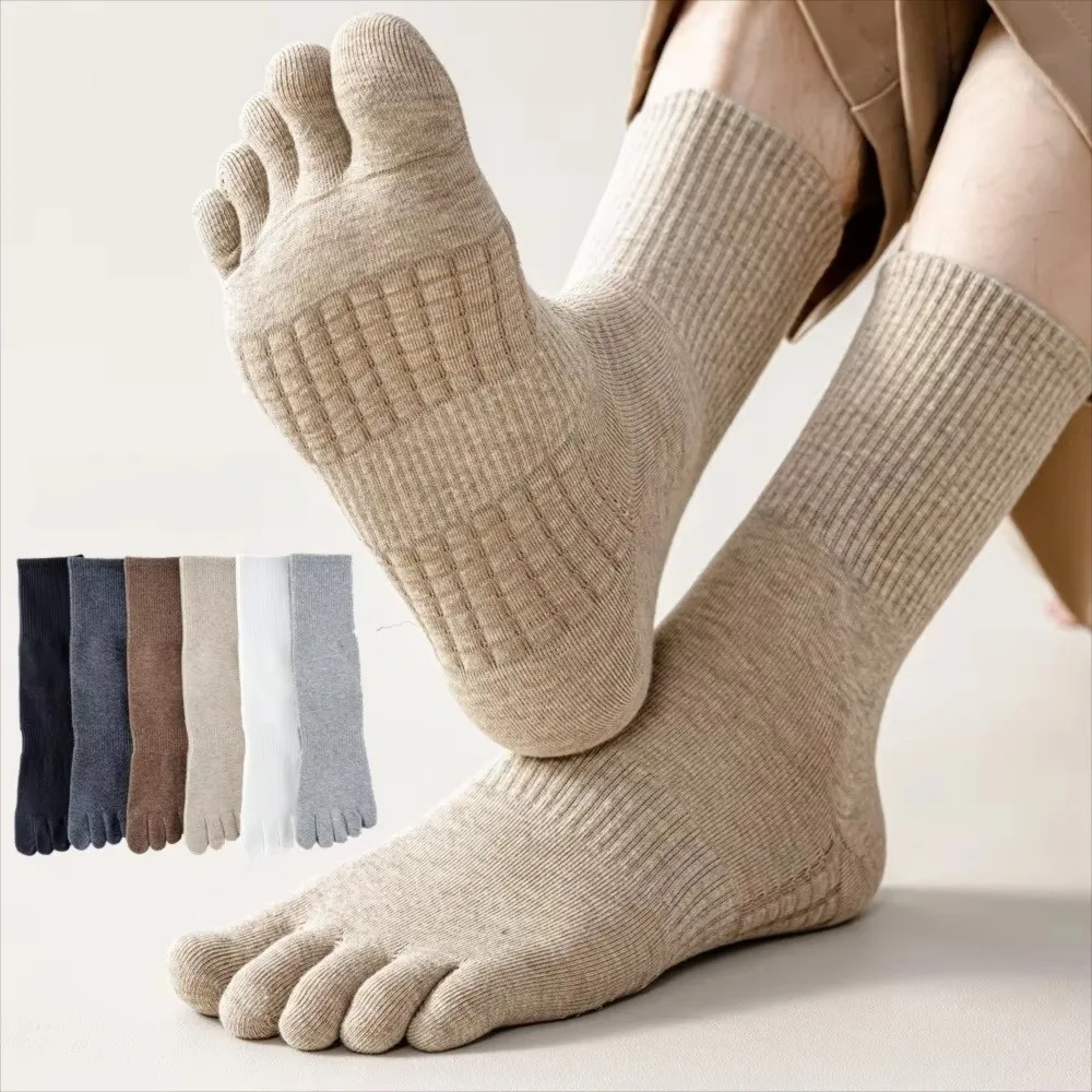 1 Pair Mid Crew Five Finger Socks Solid Color Breathable Toe Socks Moisture Wicking Thick Cushioned Sports Socks
