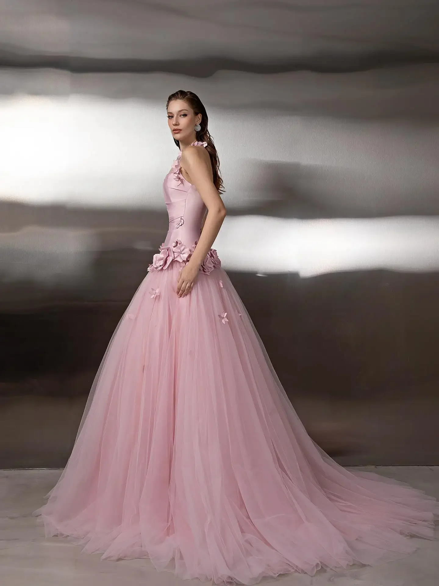 Robe De soirée De bal rose Vintage, col licou, sans manches, fleurs 3D, Satin, Tulle, robes formelles d'anniversaire, 2026