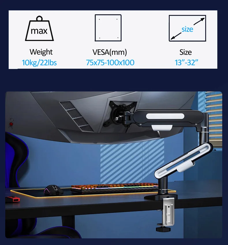 D-MOUNT GT10 Metal Alumin 2-10KG 13'-32' Monitor Desktop Stand Mount Gas Spring Arm Full Motion Rotate Clamp