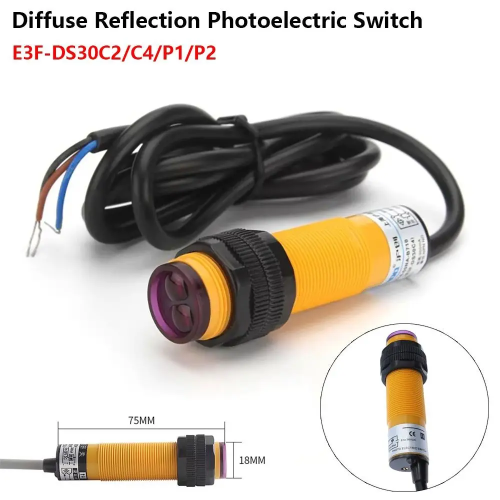 1Pcs E3F-DS30 Diffuse Reflection Photoelectric Switch 30cm Detection Range NPN Normally Open Infrared Photoelectric Sensor