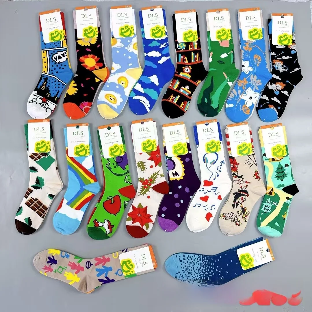 Calcetines coloridos de estilo callejero con dibujos animados para mujer, medias informales de algodón asimétrico AB que absorben el sudor para todas las estaciones