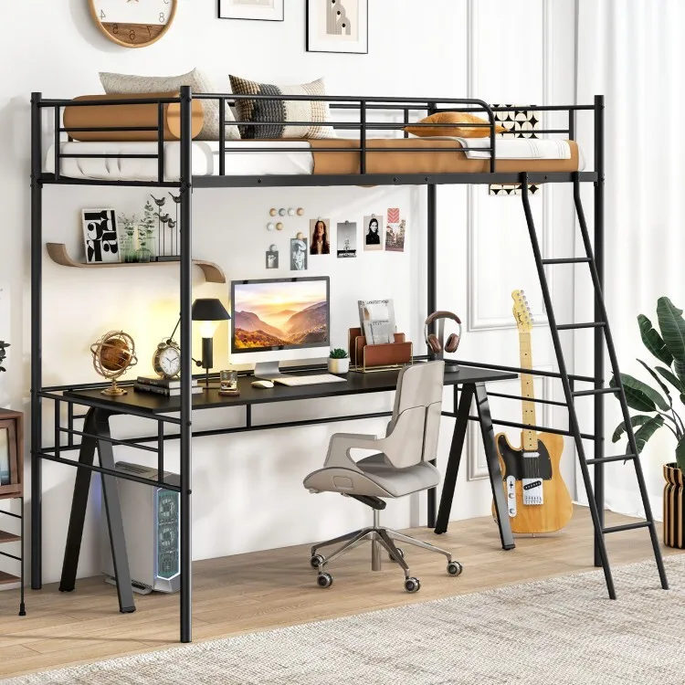Metal Twin Loft Bed Frame Bedroom Platform W/ Ladder, Safety Guardrail Furniture