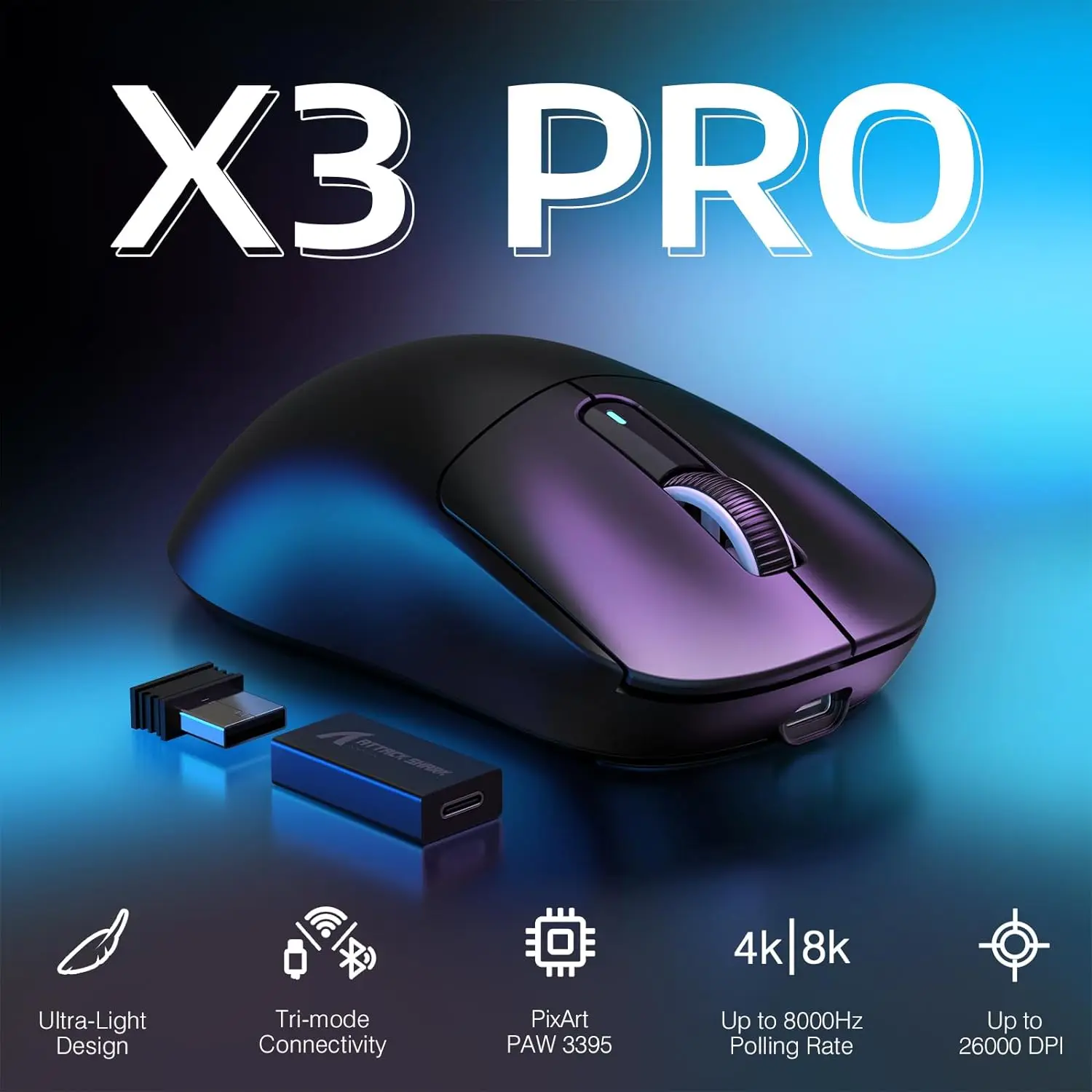 X3PRO 4K/8K Lightweight Wireless Gaming Mouse with Tri-Mode (Wired/2.4GHz/Bluetooth), 26K DPI PAW3395 Optical Sensor