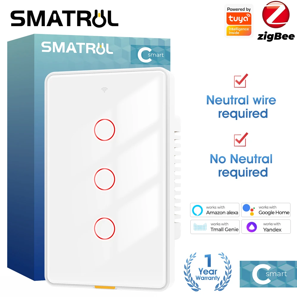 Tuya Zigbee Smart Touch Switch Light No Neutral Wire No Capacitor 1/2/3Gang US Brazil 110-240V Wall On Off For Alexa Google Home