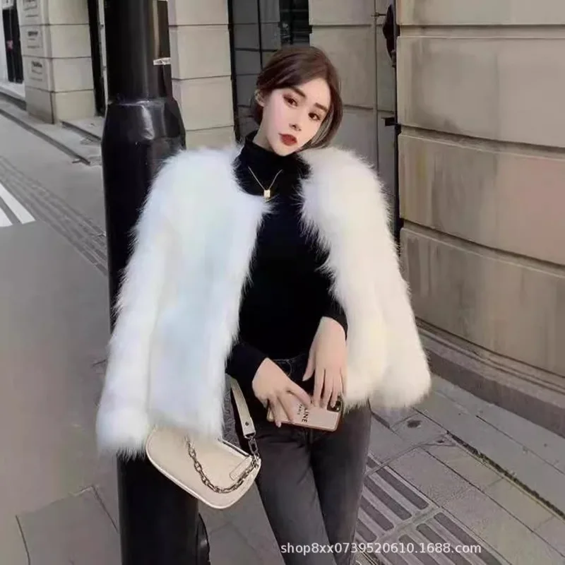 New Imitation Fox Hair Short Outwear Winter Elegant Fashion Artificial Fur Jacket Warm Shaggy V-neck Long Sleeves Women Coat