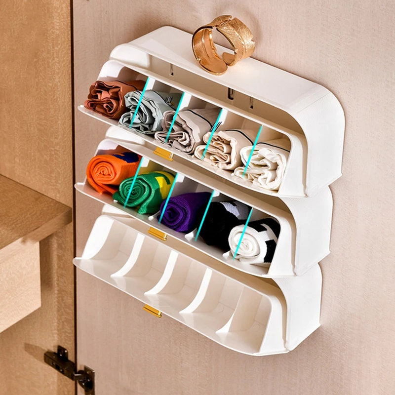 

Wall Mounted Pull Out Wardrobe Organizer - Storage Drawer For Bras Ties Socks Panties Underwear Sorting Box With Sticky Labels