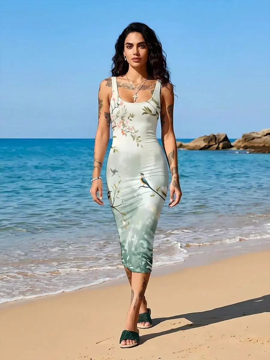 

Floral Print Women Sleeveless Bodycon Knee Length Dress Summer Beach Vacation Resort Outfit