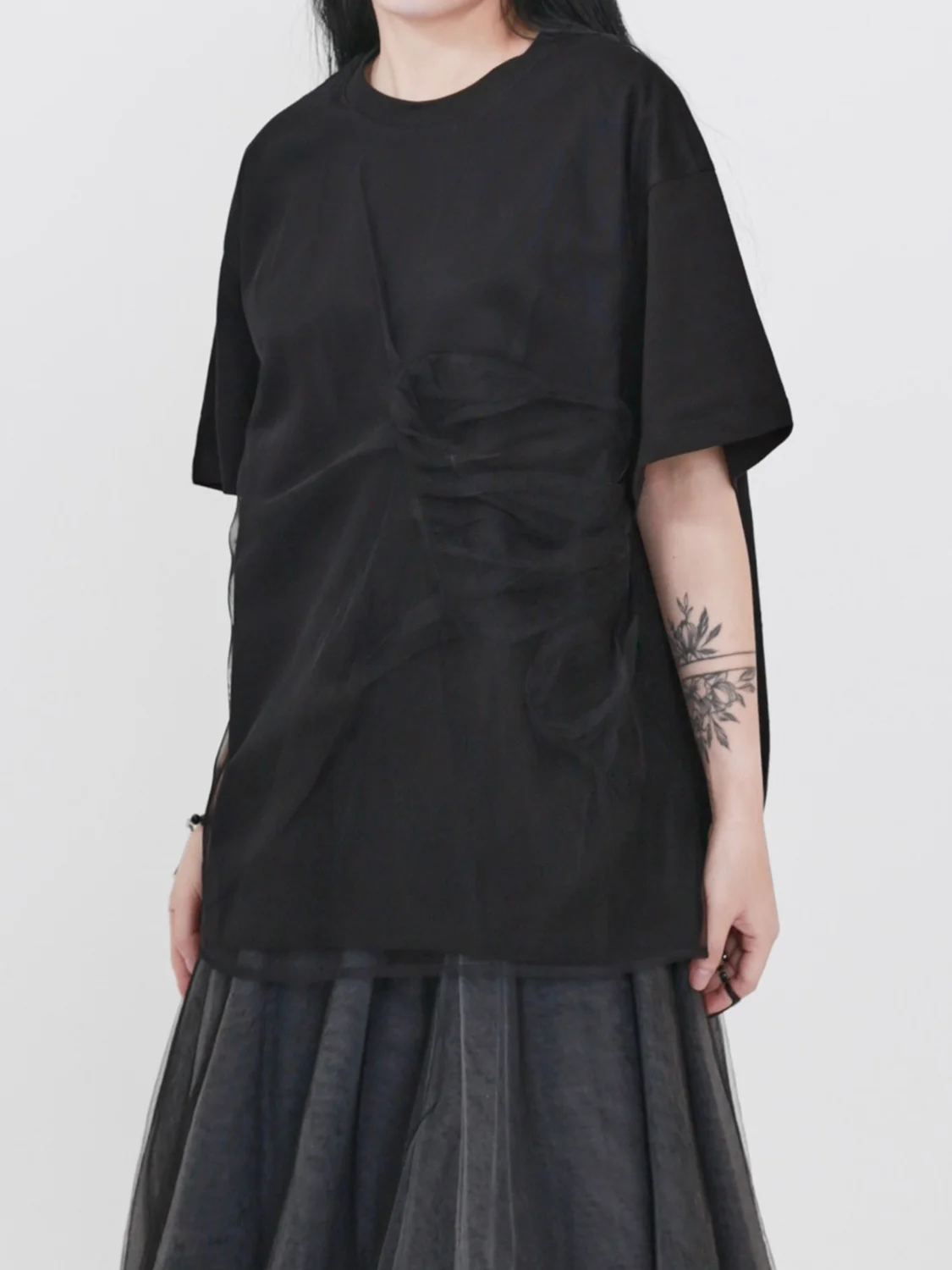 

Summer New Arrival Dark Style Spliced Mesh Pleated Design Loose Women's Short Sleeve T-Shirt Versatile Citywalk Breathable Pu...