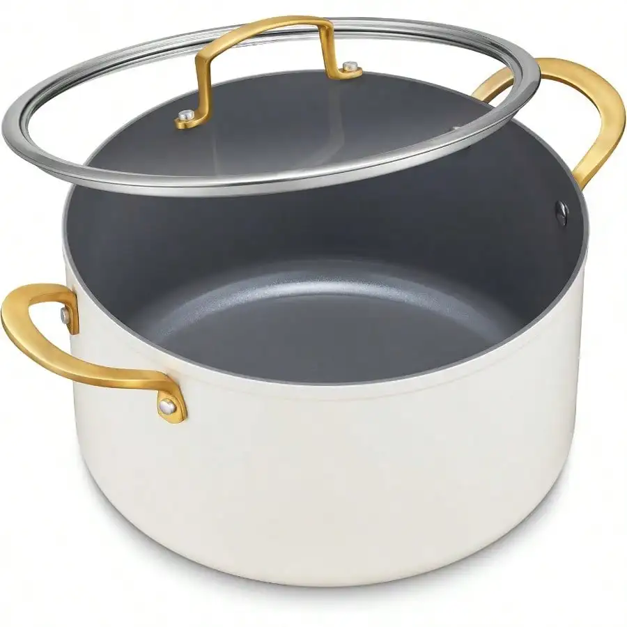 6 Quart Stock Pot With Lid, Ceramic Nonstick Cooking Pot, Soup Pot With Stainless Steel Handle, Tempered Glass Lid, Induction Co