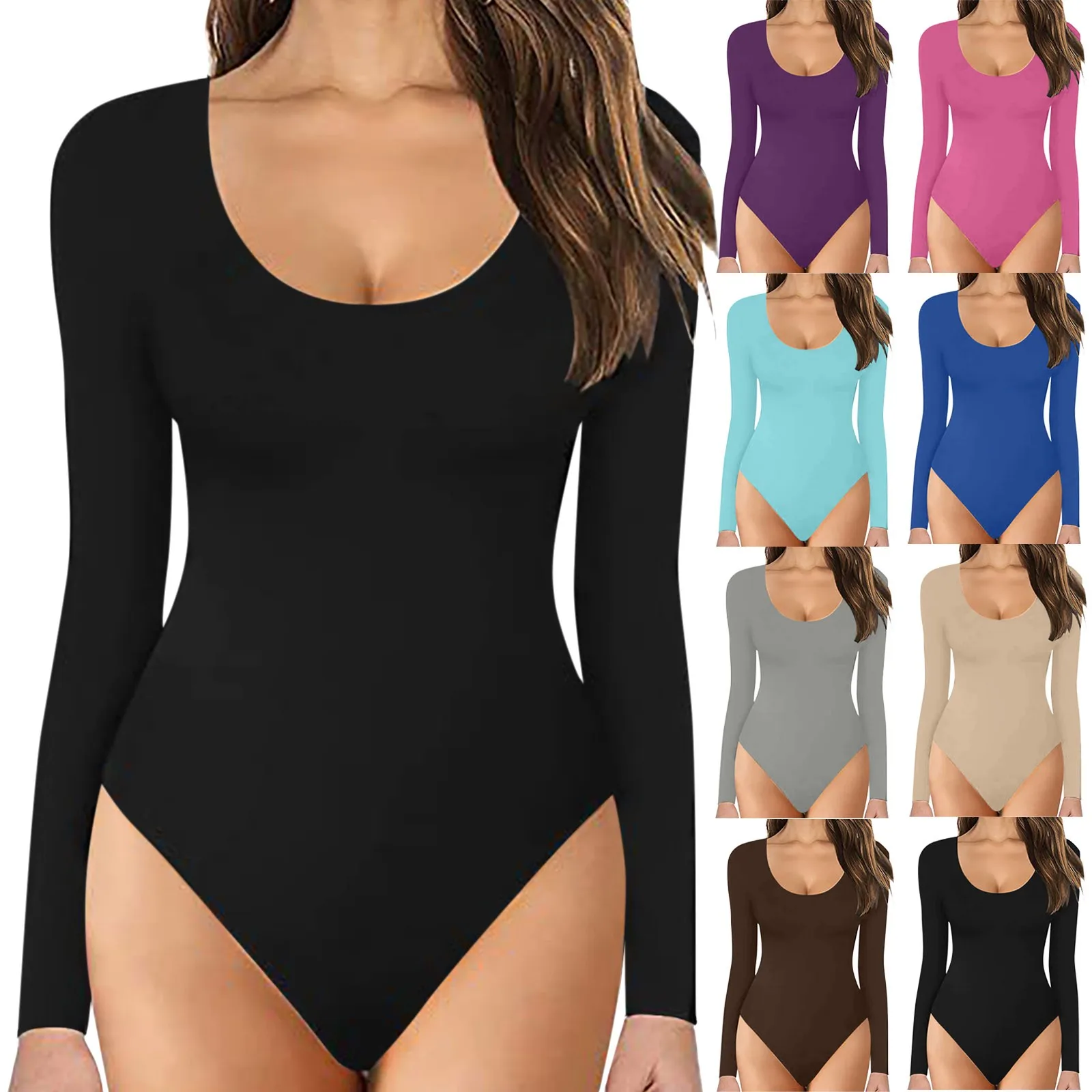 Slim Ladies Sexy Bodysuit Solid Color Basic Fashion Skinny Bodycon Jumpsuits Long Sleeveles O-Neck Black Bodysuit Female Outfits