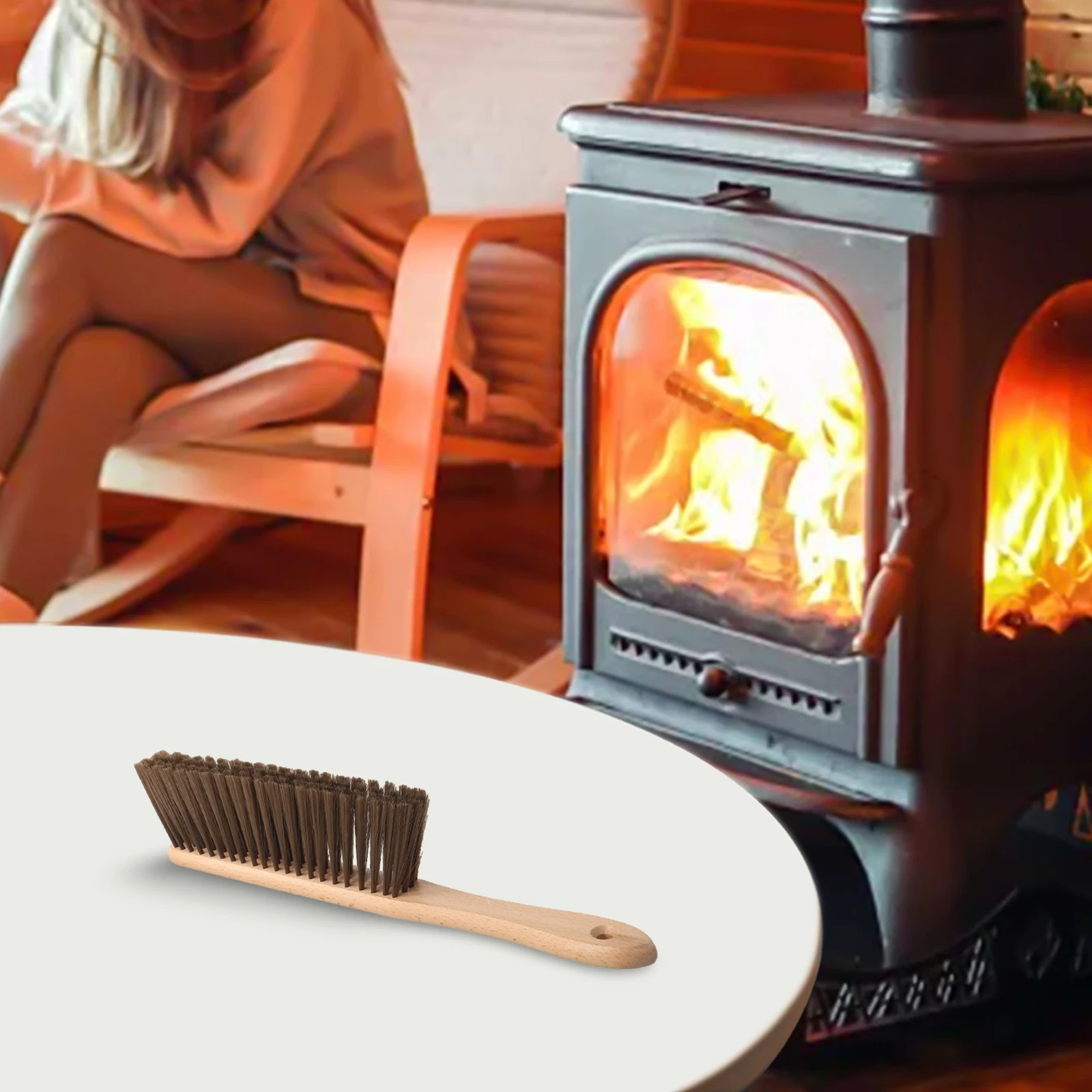 Wooden Handle for fireside Brush with Defined Shape Head to Maintain Cleanliness in Front Facing Rear and Corner Zones