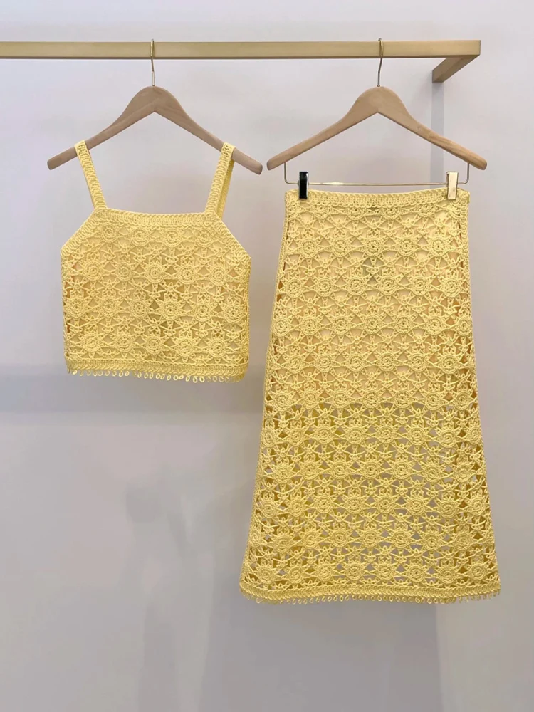 High-End Version Yellow Lace Hollow out Hook Spring Summer Women's Long Wrap Belted Skirt Two-Piece Set Fashionable Ensemble