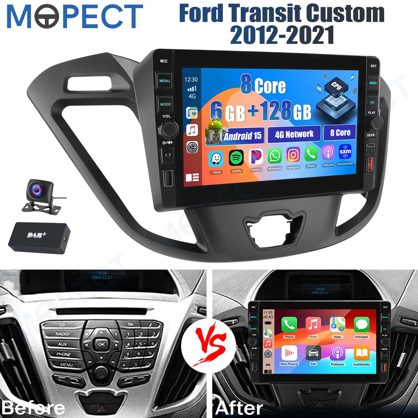 MPOECT 8" DAB+ Android 16 Auto-Autoradio 6+128G für Ford Transit Custom 2012-2021, kabelloses CarPlay, GPS-Navigation, Player-Haupteinheit, Touchscreen, Bluetooth, SWC, FM+AHD