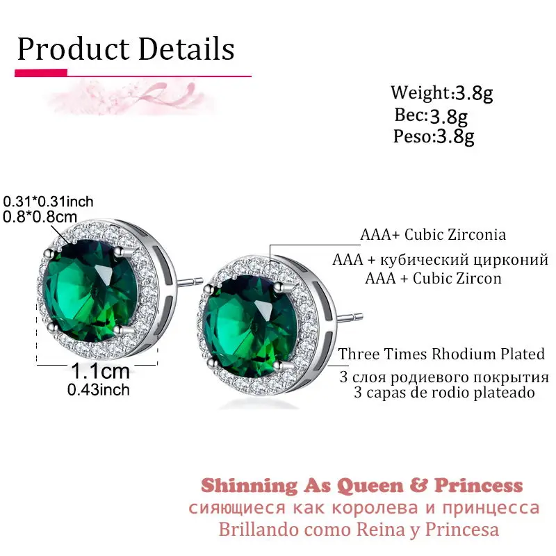 Classic Green AAA Cubic Zirconia Stud Earrings Round Crystal Girl Ear Studs For Women Multicolor Fashion Jewelry brincos AE176