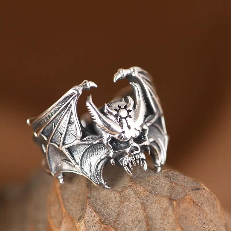 Buyee 925 Sterling Silver Male Big Ring Finger Elegant Gary Bat Open Ring for Woman Men Unique Fashion Fine Jewelry Circle