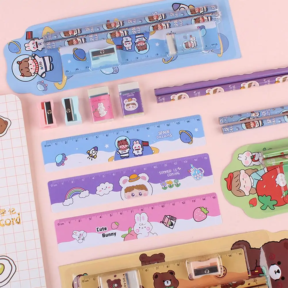 5pcs/set Cute Cartoon Pencil Set Pencil Sharpener Ruler Eraser Pencil Children School Supplies Set For Gifts