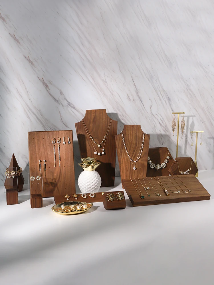 Natural Black Walnut Handmade Jewelry Display Stand 15 Piece Assortment Set (Jewelry Not Included)