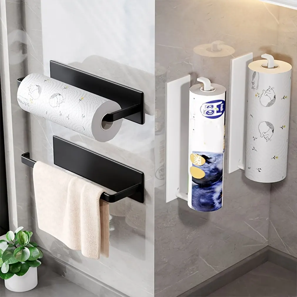 Kitchen Steel Paper Towel Holder No Punch Cabinet Paper Shelf Household Roll Paper Hanger Plastic Wrap Rag Storage Rack