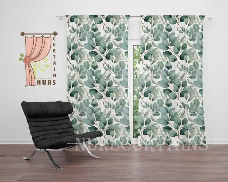 Botanical Leaf Print Blackout Curtain: Green Foliage Pattern