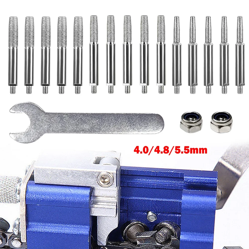 Chainsaw Sharpener Grinding Head Set 5pcs Diamond Coated Cylindrical Burr In 40mm 48mm And 55mm Sizes Includes Nut And Wrench