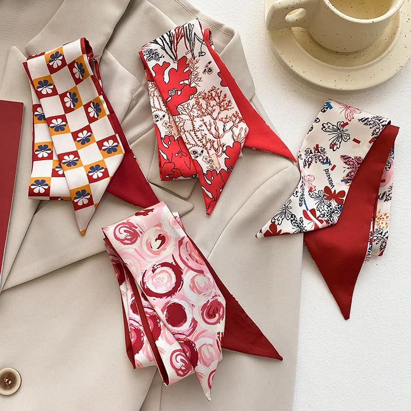 

Atmospheric Narrow Long Scarf Women's Red Double-Sided Headband Tie-Up Ribbon Waist Belt