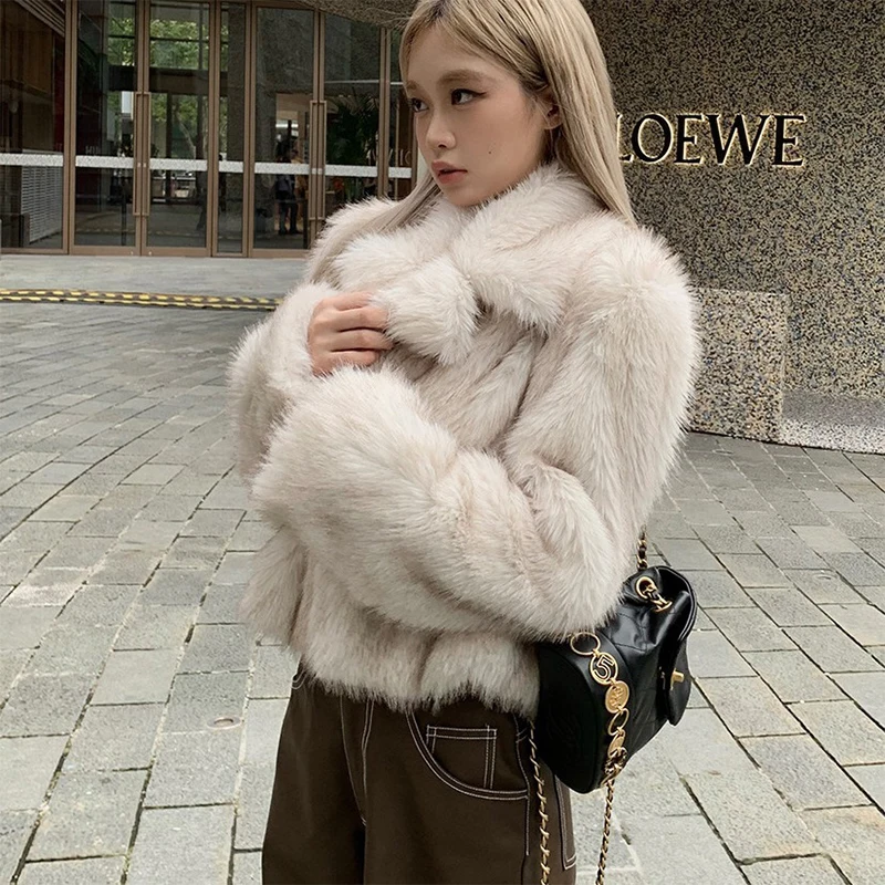 Faux Fox Fur Coat,Thermal Jacket,Big Lapel Short Furry Top Fur Coat,Cardigan Fur Coat Women's White Fleece High Quality Coat