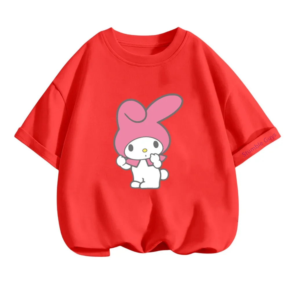 

Детская футболка Kawaii My Melody Sanrio, летняя одежда для мальчиков и девочек от 3 до 14 лет, мягкая аниме-футболка с короткими рукавами