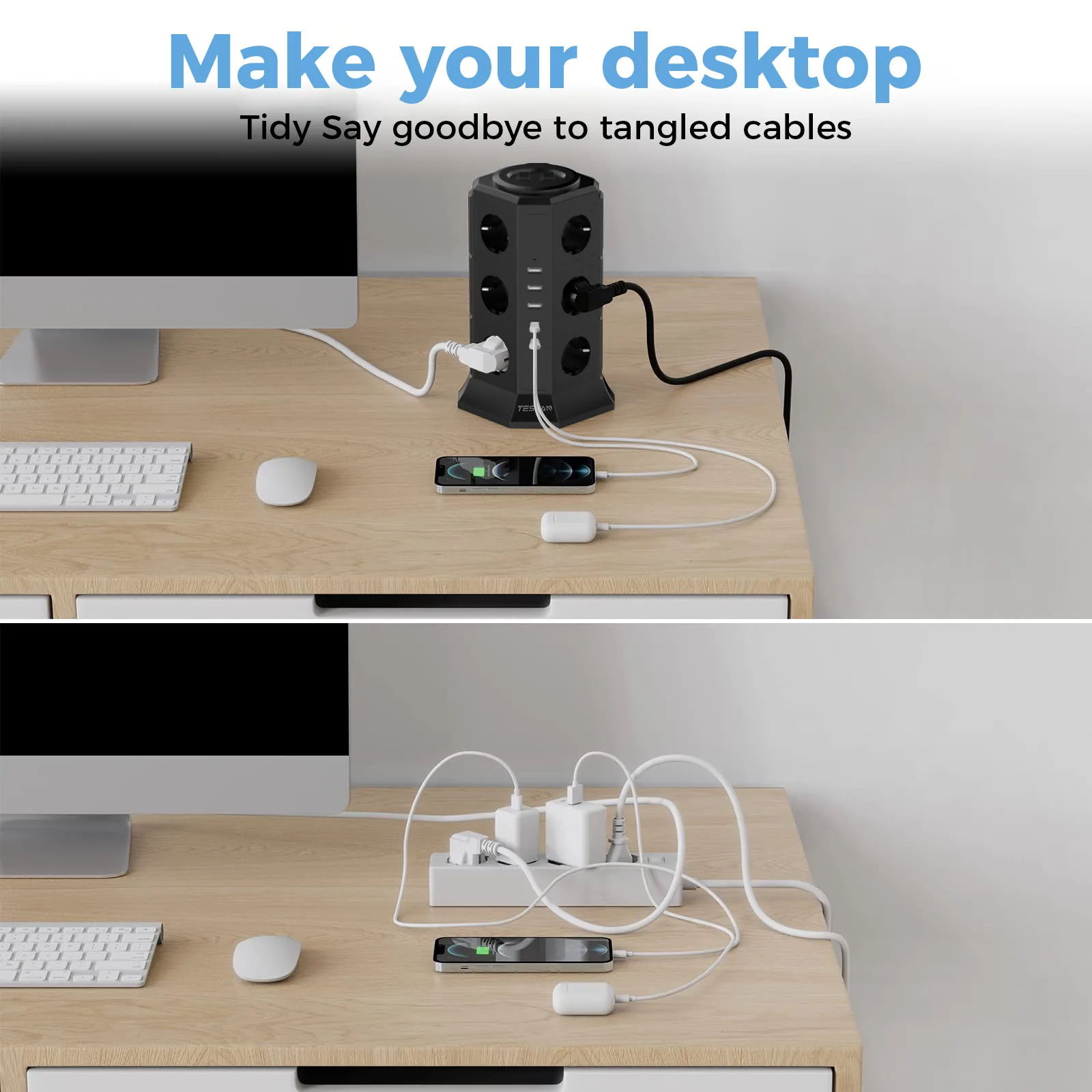 TESSAN Tower-Steckdosenleiste mit Mehrfachsteckdosen, 3 USB-Anschlüssen, 2 Typ-C-Anschlüssen, 2M Verlängerungskabel, Überspannungsschutz, EU-Stecker, Vertikale Elektrosteckdose – Detail 9