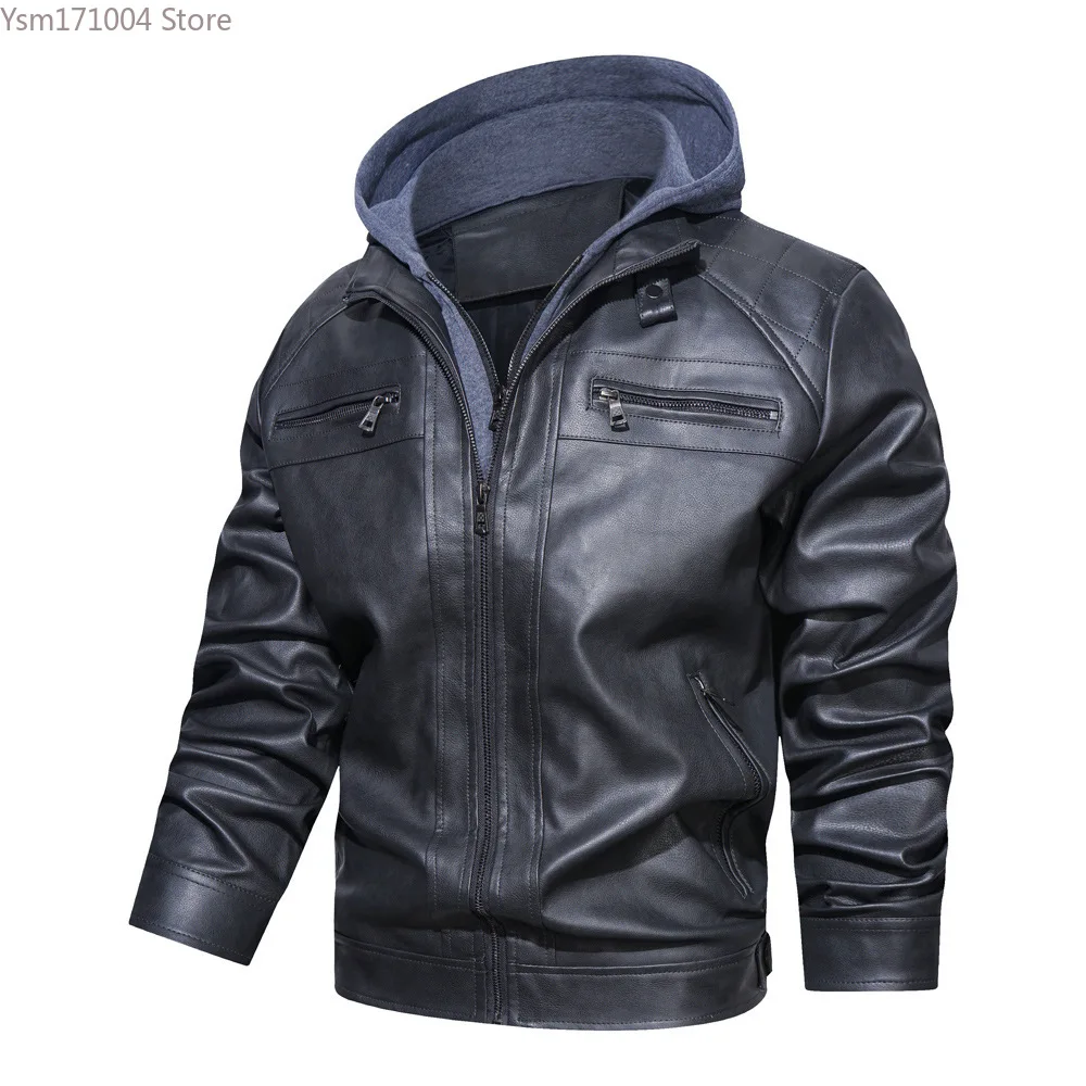 Men's leather jacket hooded solid color warm motorcycle jacket camera hombre invierno men's jacket American trendy men's jacket