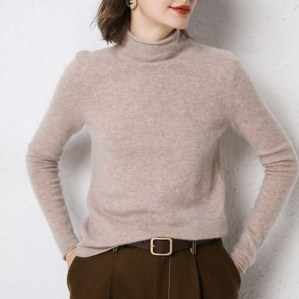 

Women's 100% Pure Wool Sweater Pile Collar Knitted High Collar Top Cashmere Inner Shirt Autumn Winter Stylish Base Layer