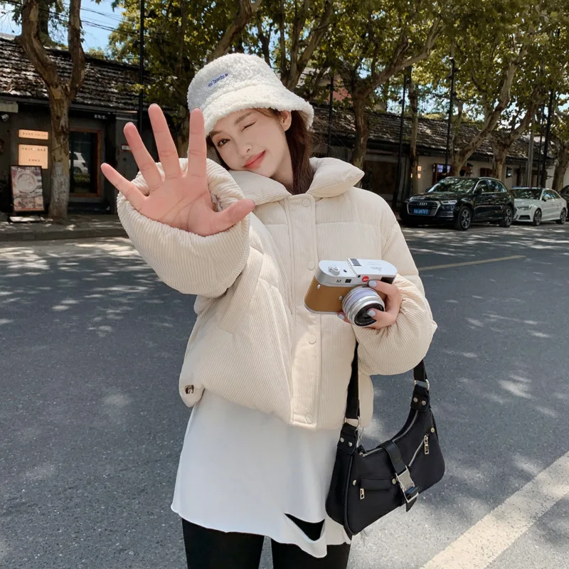 Women's Fall Winter Cotton Jacket Tops Short Zipper Warm Corduroy High Waist Niche Design Sense Simple Comfortable Harajuku New