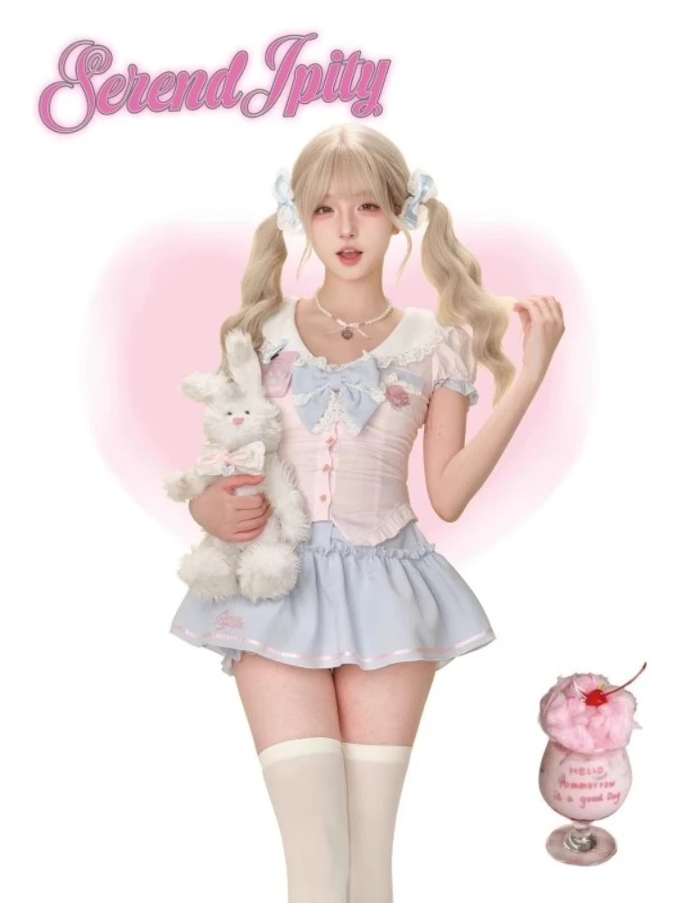 الحلو Preppy نمط Kawaii 2 قطعة مجموعة النساء Y2k لوليتا تصميم القمم + تنورة عالية الخصر الإناث الأميرة الرجعية شيك وتتسابق الصيف