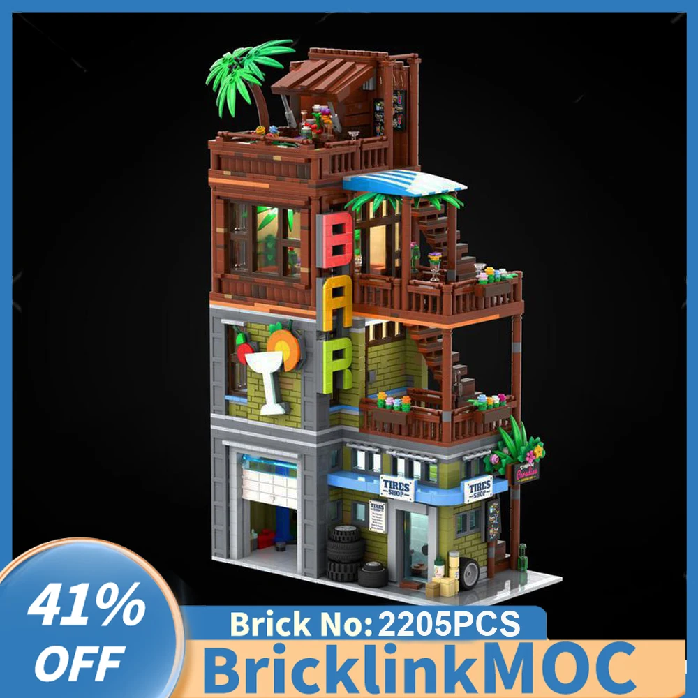 

2205PCS City Hot Selling Street View Moc Modular Cocktail Bar and Tire Shop DIY creative ideas Children Toy birthday Gift Blocks