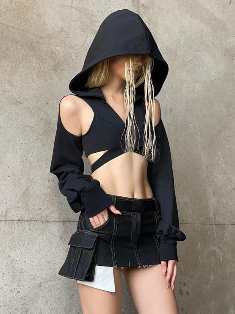 Hooded Long Sleeve Crop Tops Subversive Clothing Y2k Streetwear Women Trendy Sexy T-Shirts Grunge Clothes